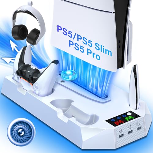 Cooling Station for PS5/PS5 Slim with Dual Controller Charger, Vertical Cooling Stand for PlayStation 5 Slim with Remote Charging Dock, Accessories Charger kit for PS5 Pro with Cooler Fan, USB Hubs