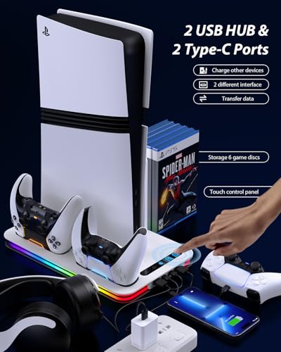 PS5 Cooling Station for PS5/Slim/Pro,PS5 Fan Cooling Fan with 8 RGB Light P5 Cooling Stand with 3 Level Fan Vertical Controller Charger Station with Dual Controller Chargers Dics Storage 4 HUB