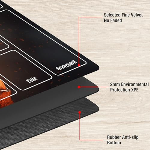 Board Game Mat TCG Playmat Plus 50 Pcs Card Sleeves, 24 x 14 inches Table Mats Games Mousepad with Zones Smooth Surface for MTG RPG CCG Trading Card Game Play Mats, Fiery Dragon - color: Fiery Dragon, size: Zone 1