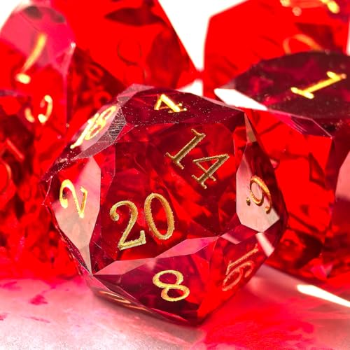 Crystal Multifaceted Polyhedral Dice Set 7 PCS for DND, RPG Tabletop Gaming, Collectors | Tinbox Packing, Gemstone Effect Dice (Ruby) - color: Ruby