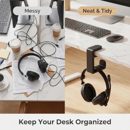 1 pcs Adjustable Headset Hook, Desk Mount Hanger with 360 Degree Swivel Arm and Cable Organizer, Under Desk Earphone Rack for Gaming Workspace, Black