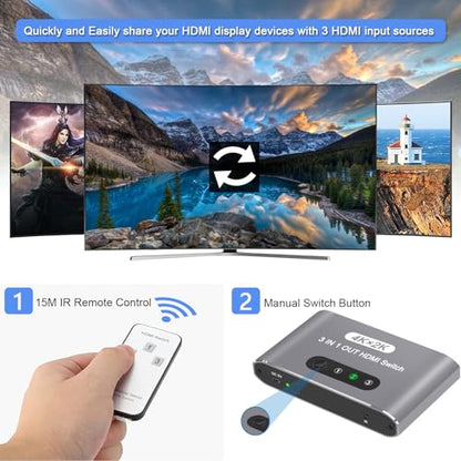 HDMI Switch 3 in 1 Out, 4K@60Hz HDMI Splitter with Remote Control, 3 Ports HDMI Switcher, Perfect for Full HD 4K 1080P 3D Video Roku Fire TV Blu-ray Players Stick Apple PS4/PS5 Xbox Chromecast (Grey) - color: Grey
