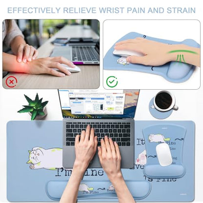 MEGREZ 4-in-1 Mouse Pad with Wrist Rest Ergonomic Memory Foam Desk Mat Set | ergonomic, anti-slip base, 4pcs set, desk pad, mouse wrist rest, keyboard rest, coaster, ideal for office & gaming - color: Haze Blue