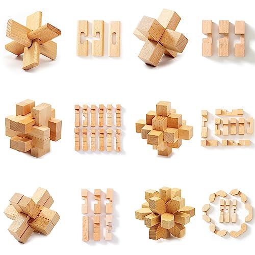 VolksRose 15pcs Wooden Brain Teaser Puzzles, IQ Challenge Puzzle Games, Logic Mind Puzzle Box Lock Toy Disentanglement 3D Small Brain Puzzle Gift Set for Adults Teenagers Kids, 1.8inch 4.5cm - color: C-15pcs-4.5cm
