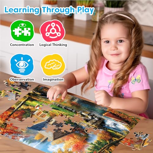 100 Piece Puzzles - 4 Themed Landscapes Large Piece Puzzles for Senior Adults Kids Puzzle Ages 5-8 Jigsaw Puzzle for Kids Ages 4-6 6-8 8-10 Year Old Educational Toys for Girls Boys 4-Pack - style: Swan Lake Autumn Forest Cabin Lighthouse