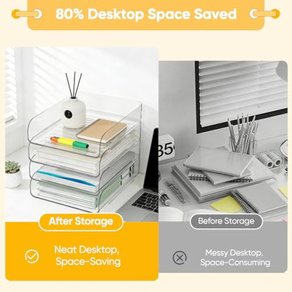 HIYOHIYO Clear Office Desk Organizer for A4 Letter Paper, 4-Tier Vertical | Stackable | Large Capacity | Sturdy Office DeskTtop Organizer for File Folder, Stable Home Desk Paper Holder and Storage - size: 10" x 13" x 11"