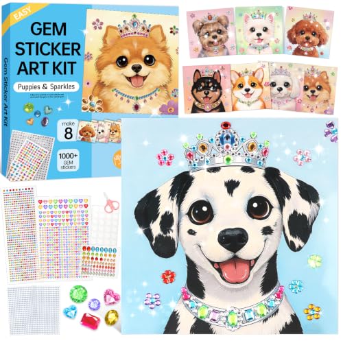 Gem Art Sticker Kit,Diamond Art Sticker Crafts for Kids Ages 4-12 | 8 Dog Themes, 1000+ Gems, no glue, no mess, Gemstone Sticker Arts and Crafts for Kids, Christmas Birthday Gift for Girls - color: Blue-Dog
