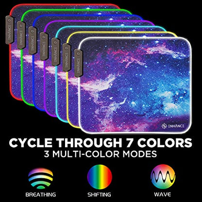 ENHANCE Small Mouse Pad with LED Lighting (13.3 X 10.8 inches) - Gaming Mouse Pad Desk Mat with 7 Color Options, 3 Lighting Effects, Smart Control Button, Non-Slip Rubber Grip - Galaxy - color: Galaxy and Purple