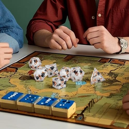 Haxtec Cat DND Dice Set White Sharp Edge Resin Dice Set with Dice Case, Handmade D and D Dice Polyhedral D&D Dice Set for TTRPGs Compatible with Dungeons and Dragons DND Gifts - color: White