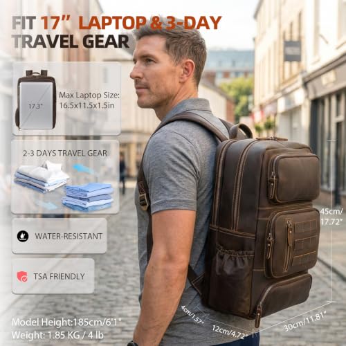 Full Grain Leather Backpack for Men, 17" Laptop Travel Rucksack, Brown | Premium Cowhide Leather, YKK Zippers, Business Trip, 32L, Ergonomic S-Straps, Water Bottle Pocket