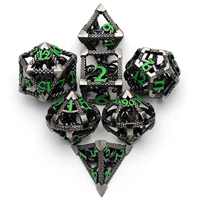Hollow Cthulhu Metal Dice Set,7-Piece RPG Dice, Green Number | Lightweight Copper Dice,Easy-To-Read Numbers, a Gift Box and Velvet Bag for RPG Play, Gifting and Collecting. - color: Cthulhu Green Number