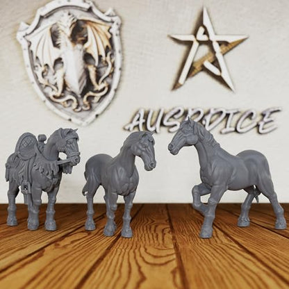 3-Piece Set Unpainted Resin Mounts for Tabletop RPG Game - 28mm Scale Fantasy Animals for Dungeon Masters & RPG Gift - TTRPG Minis Figurine for DND Miniatures - Horses(AS525)