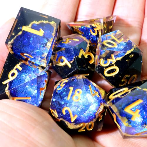 XENOLUX Resin DND Dice Set - Polyhedral RPG Dice for Dungeons and Dragons - Blue Geode Handcrafted with Holographic Foil in Tin Box for Board Games (G4) - color: G4