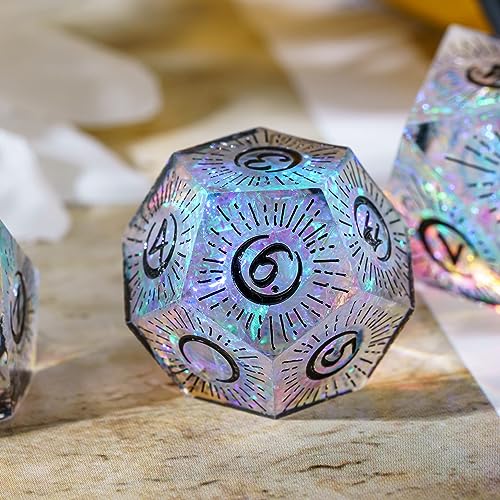 Cusdie Sharp Edges DND Dice, 7 PCs Moon Dice Set D&D Dice, Handcrafted Polyhedral Dice Set, for Role Playing Game Pathfinder(Moon/Black) - color: Moon Pattern-transparent Black