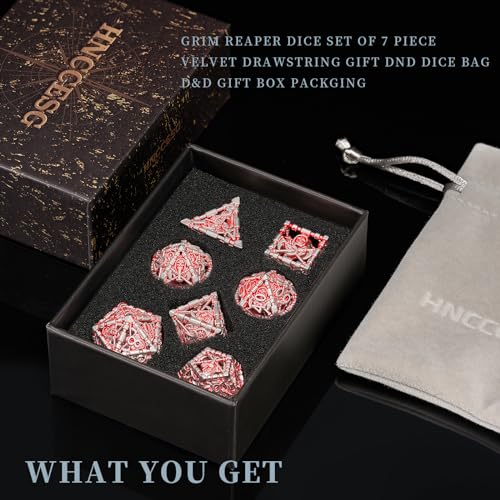DND Dice Set,HNCCESG DND Hollow Polyhedral Dice Red White Grim Reaper Metal 7Pcs Dice Set with Gift Box for Dungeons and Dragon Tabletop Game for MTG RPG(Matt red White) - color: Matt Red White Ss