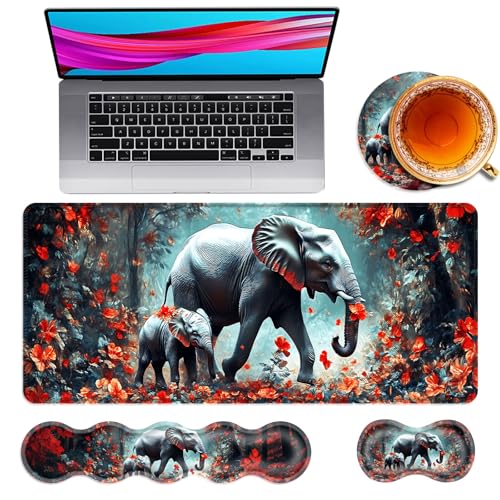 Large Mouse Pad and Keyboard Wrist Rest, Desk Pad for Keyboard and Mouse, 4-in-1 Large Gaming Mouse Pad with Wrist Support, Desk Mat for Home Office Study Game,Floral Elephant - color: Floral Elephant