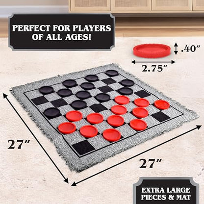 Elbow Room Giant Checkers Set - 3-in-1 with Reversible Mat - Ages 6+ | 28 in Play Surface, 25 Jumbo Pieces, Plastic Construction, Includes Storage Bag, 2 Player Game, 26 x 26 in Board