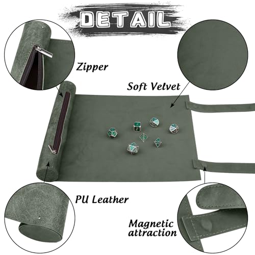 SIQUK 2 Pieces Magnetic Dice Mat Tray Rolling Mat with Zipper PU Leather Folding Scroll Dice Holder for D&D RPG Games (Green, Camel) - color: Green, Camel