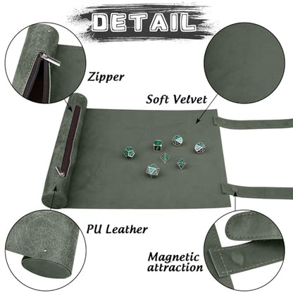 SIQUK 2 Pieces Magnetic Dice Mat Tray Rolling Mat with Zipper PU Leather Folding Scroll Dice Holder for D&D RPG Games (Green, Camel) - color: Green, Camel