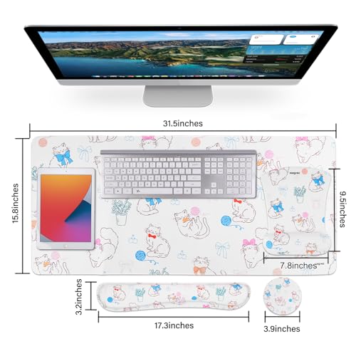 MEGREZ 4-in-1 Mouse Pad with Wrist Rest Ergonomic Memory Foam Desk Mat Set | ergonomic, anti-slip base, 4pcs set, desk pad, mouse wrist rest, keyboard rest, coaster, ideal for office & gaming - color: Bow Kitten