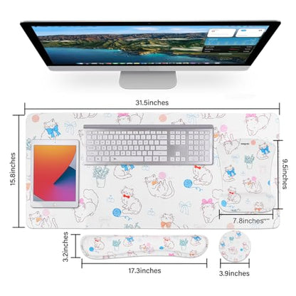 MEGREZ 4-in-1 Mouse Pad with Wrist Rest Ergonomic Memory Foam Desk Mat Set | ergonomic, anti-slip base, 4pcs set, desk pad, mouse wrist rest, keyboard rest, coaster, ideal for office & gaming - color: Bow Kitten