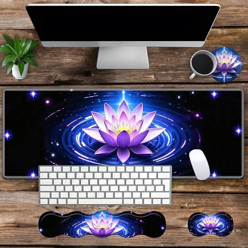 Large Gaming Mouse Pad Set with Wrist Support – 31.5" x 11.8" 4-in-1 XXL Mousepad with Keyboard Wrist Rest, Mouse Wrist Rest & Coaster – Ergonomic Desk Mat for Office, Home – Purple Lotus - color: Purple Lotus
