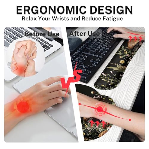 Britimes Black Mushroom Floral Keyboard Mouse Pad Set Plant Flower 4in1 Large Mousepad+Keyboard Wrist Rest+Mouse Wrist Rest+Coaster Ergonomic Design for Home Office Computer 35.4x15.7 inches - color: Black Mushroom Floral