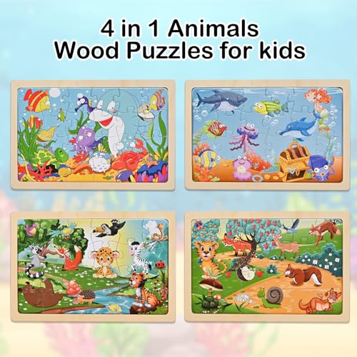 Puzzles for Kids Ages 4-6, 4 Packs 24 Pcs Wooden Puzzles for Kids | Thickened Animal Jigsaw Puzzles, Kids Puzzles Ages 3-5, Preschool Educational Learning Toys for Boys and Girls 3-8 Years Old