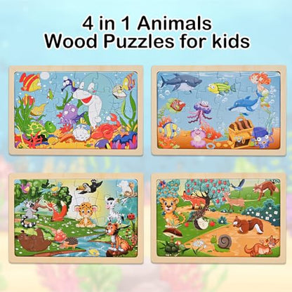 Puzzles for Kids Ages 4-6, 4 Packs 24 Pcs Wooden Puzzles for Kids | Thickened Animal Jigsaw Puzzles, Kids Puzzles Ages 3-5, Preschool Educational Learning Toys for Boys and Girls 3-8 Years Old
