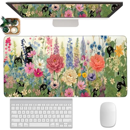 Floral Desk Mat Flower Plants Mouse Pad Watercolor Flowers Desk Pad Mat Black Cat Aesthetic Wildflowers Large Gaming Mousepad XL Computer Keyboard Mouse Mat Cute Desk Decor Women Office 31.5"x15.7" - color: Floral Cat