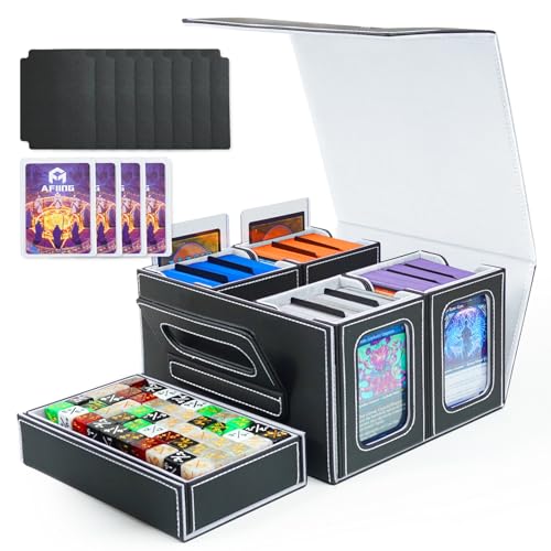 AFIING Commander Deck Box For Mtg Fits 400+ Double-Sleeved Cards, 5-in-1 TCG Storage Box with Removable Deck Case, 4 Toploaders, Dice Tray & Handle for TCG/Sports Cards (Black white) - color: Black white