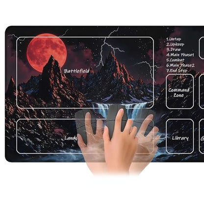 for MTG Playmat 24 x 14 Inches Sunset Mountains Streams Magic Play Mat Card Game Mat for Magic The Gathering TCG PTCG Playmat with Free Storage Bags Non-Slip Backing and Stitched Edge - color: Sunset Mountains Streams With Zones
