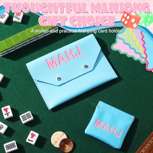 2 Pcs Leather Mahjong Card Bag Clutch Pouch Holder with PU Squeeze Dice Bag Mahjong Accessories Protector Cover Case for MAHJ Lover Playing Game Night (Light Blue) - color: Light Blue
