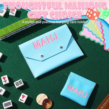 2 Pcs Leather Mahjong Card Bag Clutch Pouch Holder with PU Squeeze Dice Bag Mahjong Accessories Protector Cover Case for MAHJ Lover Playing Game Night (Light Blue) - color: Light Blue