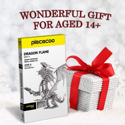 Piececool 3D Metal Puzzle Model Kits- Dragon Flame Metal Building Kit for Adults, Brain Teaser DIY 3D Dragon Puzzles Model Kits for Men, 115 Pcs - color: Silver