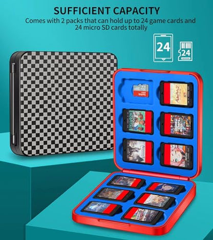 Switch Game Case Holder - 2 Pack Mini Game Organizer Small Portable Traveler Gift Accessories with 24 Cartridge Slots and 24 Micro SD Card Storage, Magnetic Closure, Hard Shell and Soft Lining