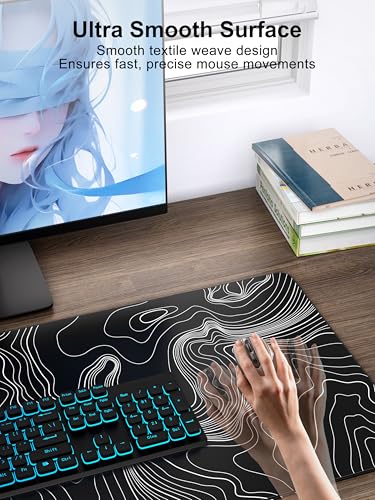 TopMade Mouse Pad with 15W Fast Wireless Charging, 31.5"x15.75" XXL Large Gaming Waterproof Desk Pad with Ultra-Smooth Surface, Non-Slip Base, Computer Desk Mat, Black Topographic Map #2 - color: Black Topographic Map #2