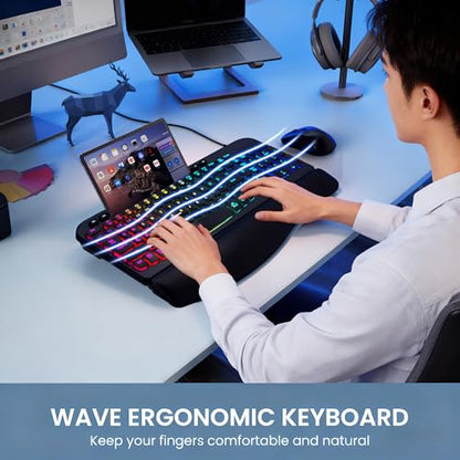 VEILZOR Wired Ergonomic Keyboard, 7-Color Backlit USB Computer Keyboard with Wrist Rest, Wave Keys, Phone Holder, Lighted Keyboard Compatible with PC, Laptop, Windows, and Mac