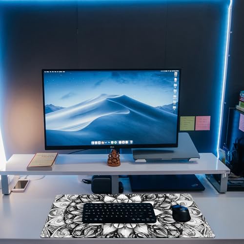 Large Gaming Mouse Pad for Desk, Black and White Mandala Desk Mat, Mandala Flower Desk Pad, 31.5"x15.7" Extended Big Computer Keyboard Mouse Pad with Non-Slip Base and Stitched Edge - color: Black and White Mandala
