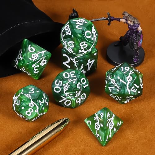 CiaraQ 7pcs Polyhedral Dice Set for Dungeon and Dragons MTG Table Games | Acrylic Role Playing Dice for D&D with Black Velvet Bag – Green Pearl with White Numbers & Plum Blossom Patterns - color: Green and White Floral Dice