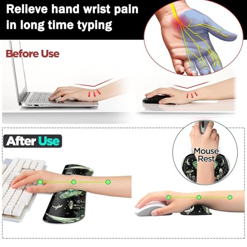 Large Gaming Mouse Pad+ Keyboard Wrist Rest Set, Ergonomics Memory Foam Mouse Mat Wrist Rest Support for Home Office, Waterproof Extended Mousepad 31.5x11.8in, Green Moth Mushroom Black Desk Pad - color: Yvb-mousepad-9-f-159