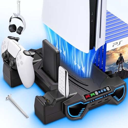 Cooling Station for PS5/Slim/Pro - Controller Charging Station with LED Stand for PlayStation 5 Console - Charger for PS5 Controller, Cooling Stand Accessory Kit-Cooler Fan/Headset Holder, Black - color: Black