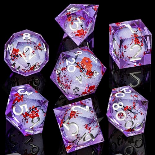 ARUOHHA DND Resin Dice Plum Blossom Liquid Core Silver Purple Sharp Edged Polyhedral Dragons Dice Set with Gift Box, Dungeons D and D Dice Compatible with D&D Role Playing Game D20 D12 D8 D6 D4 - color: Flower&purple White-1