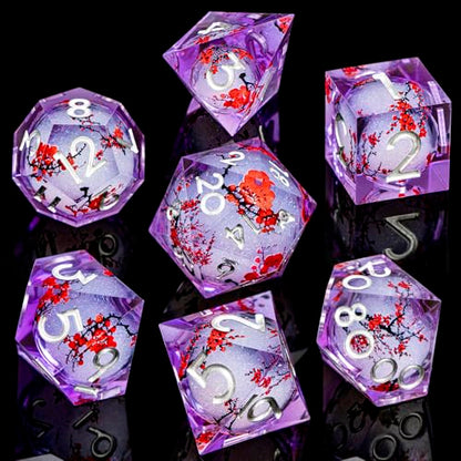 ARUOHHA DND Resin Dice Plum Blossom Liquid Core Silver Purple Sharp Edged Polyhedral Dragons Dice Set with Gift Box, Dungeons D and D Dice Compatible with D&D Role Playing Game D20 D12 D8 D6 D4 - color: Flower&purple White-1