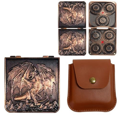 Metal DND Dice Set 7-in-1 D4-D20 3D Dragon Case Leather Bag Copper | 7 in 1 metal polyhedral dice. D4-D20 dnd spinner. 3D dragon case. Leather storage bag. Zinc alloy. DND RPG TTRPG gift. - color: Ancient Coper