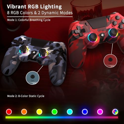 2 Pack Wireless Controller for PS4, Game Remote Controller Compatible with PS4/Slim/Pro/PC, Programmable, RGB Light, 1000mAh Battery, Dual Vibration, 6-Axis Gyro, Share, Touch Pad,Speaker&Audio Jack - color: Camo Red&Blue