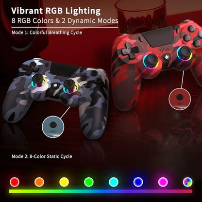 2 Pack Wireless Controller for PS4, Game Remote Controller Compatible with PS4/Slim/Pro/PC, Programmable, RGB Light, 1000mAh Battery, Dual Vibration, 6-Axis Gyro, Share, Touch Pad,Speaker&Audio Jack - color: Camo Red&Blue