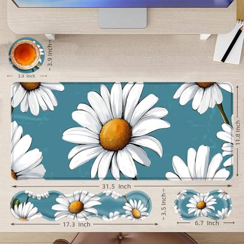 Large Mouse Pad and Keyboard Wrist Rest, Desk Pad for Keyboard and Mouse, 4-in-1 Large Gaming Mouse Pad with Wrist Support, Desk Mat for Home Office Study Game,Daisy Flower - color: Daisy Flower