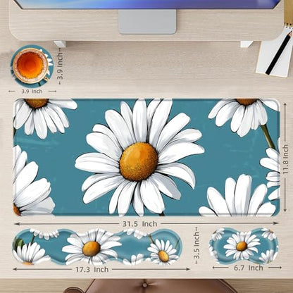 Large Mouse Pad and Keyboard Wrist Rest, Desk Pad for Keyboard and Mouse, 4-in-1 Large Gaming Mouse Pad with Wrist Support, Desk Mat for Home Office Study Game,Daisy Flower - color: Daisy Flower