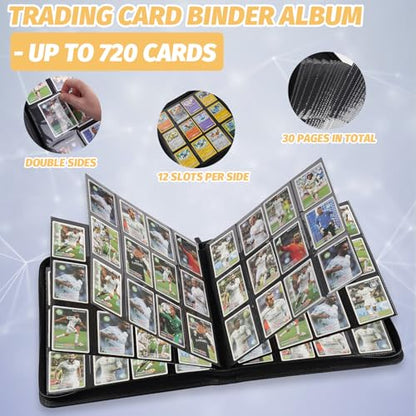 12 Pocket Ringless Side Loading Trading Card Binder, 720 Cards PU Fixed Page Zipper Card Album for TCG Sports Game Cards, Not Fit Top Loaders (Dark Blue) - color: 12 Pocket 720 Diamond Dark Blue